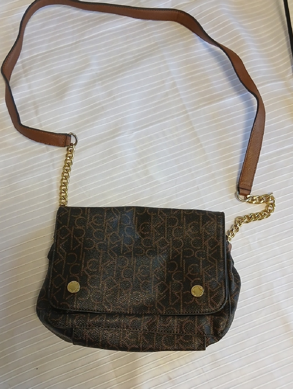Calvin Klein Brown Monogram Crossbody with Gold Chain Trim